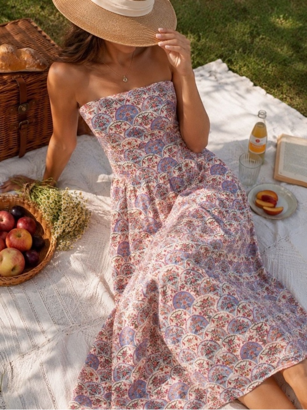 7 For All Mankind Floral Scallop Strapless Cotton Midi Maxi Dress Size Medium